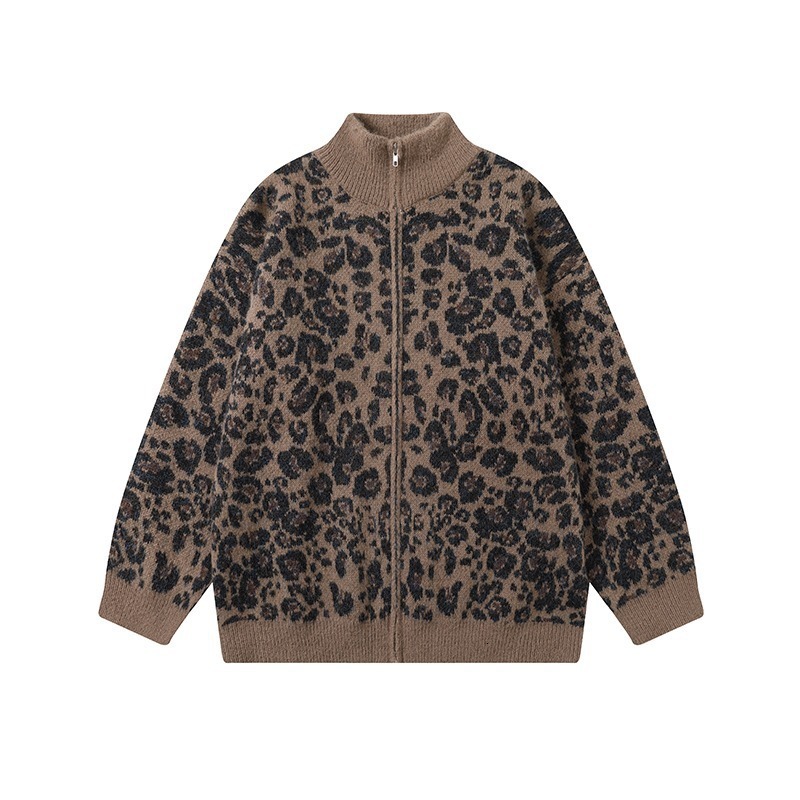 Ins style leopard print sweater jacket mens half high neck knitted cardigan 2024 autumn and winter loose and lazy style 240829