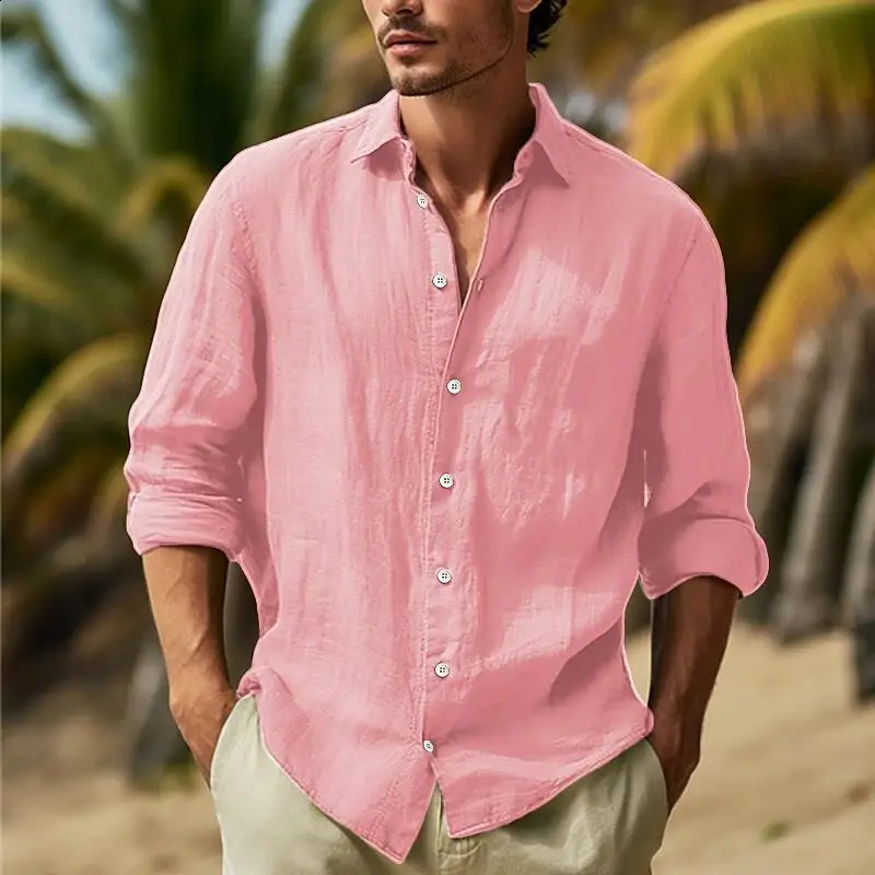 Mens cotton Linen Shirt Button Up Summer Beach Long Sleeve Plain Lapel Spring Casual Daily Clothing y241224Z