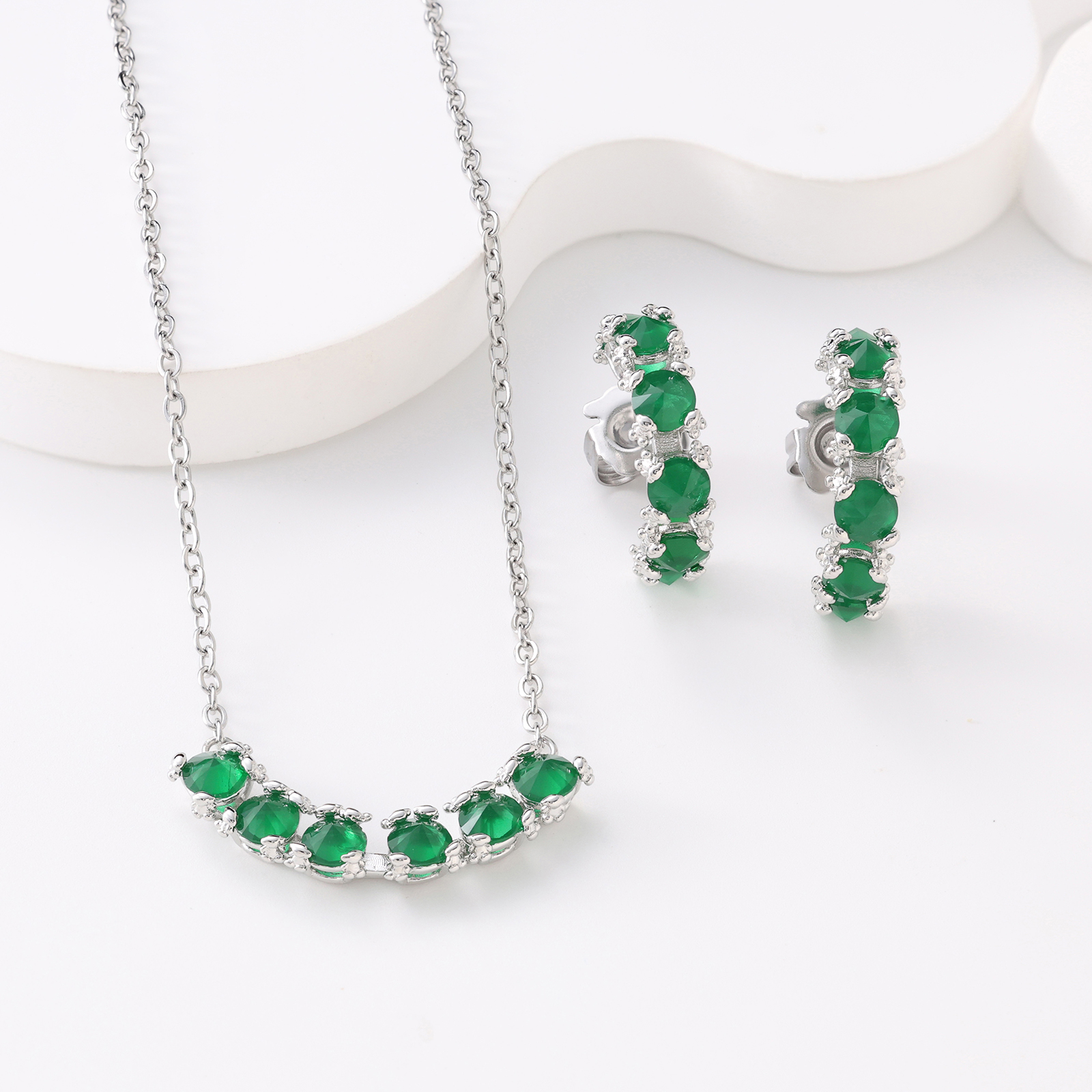 New Fashion Women Silver Gold Stainless Steel Copper Bear Green Zircon Moon Pendant Earrings Sets Jewelry-image-1040250481