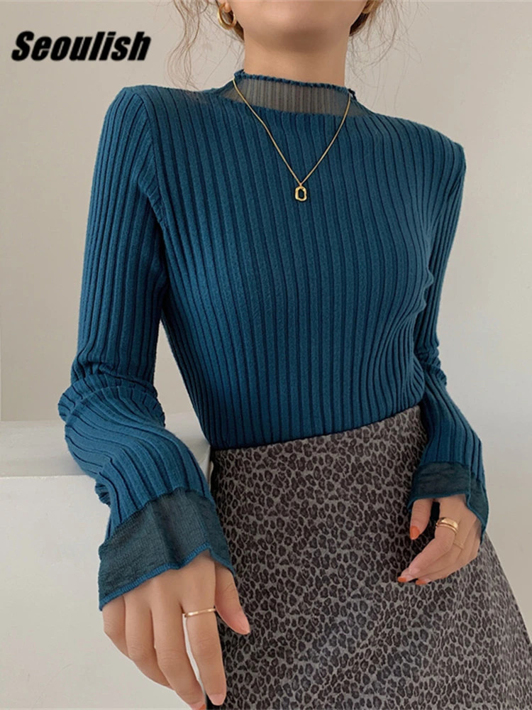 Seoulish Spring Half Turtleneck Knitted Womens Sweaters Mesh Patchwork Long Sleeve Bottoming Sweater Female Slim Tops 250102BJ