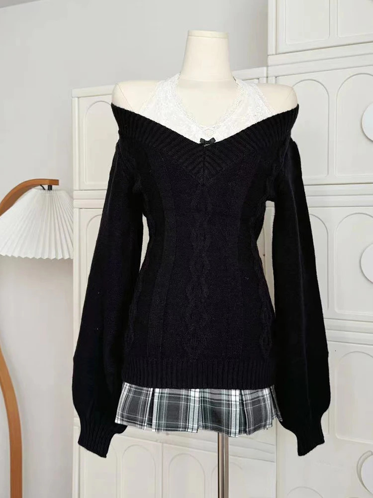 Autumn Winter Woman Korean Ballet Core V-neck Two Piece Sets Pullovers Sweater Lace Camisole Knitwears Long Sleeve Aesthetic 250102BJ