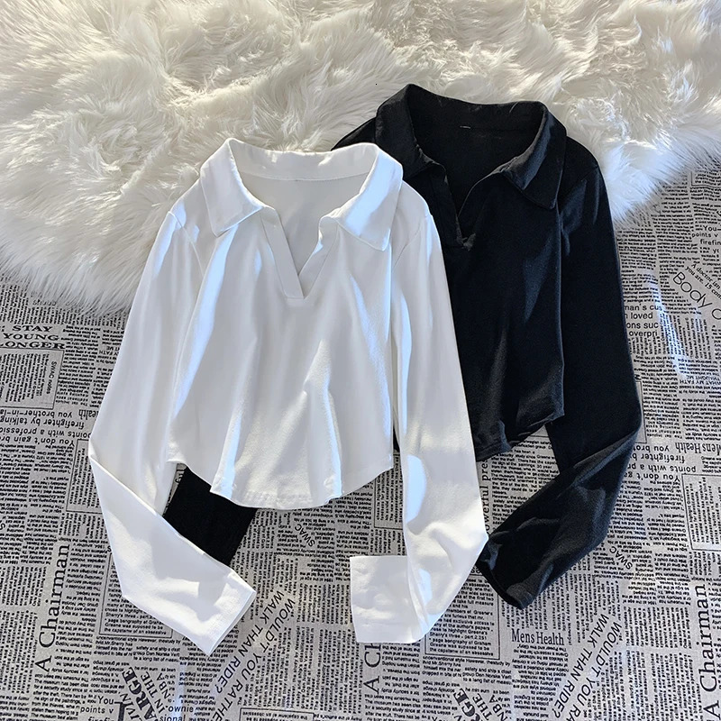 Long Sleeve Polo Shirts Women Spring Autumn Korean Style Solid Color Womens Blouses V-Neck Slim Fit Short Tops 250102BJ