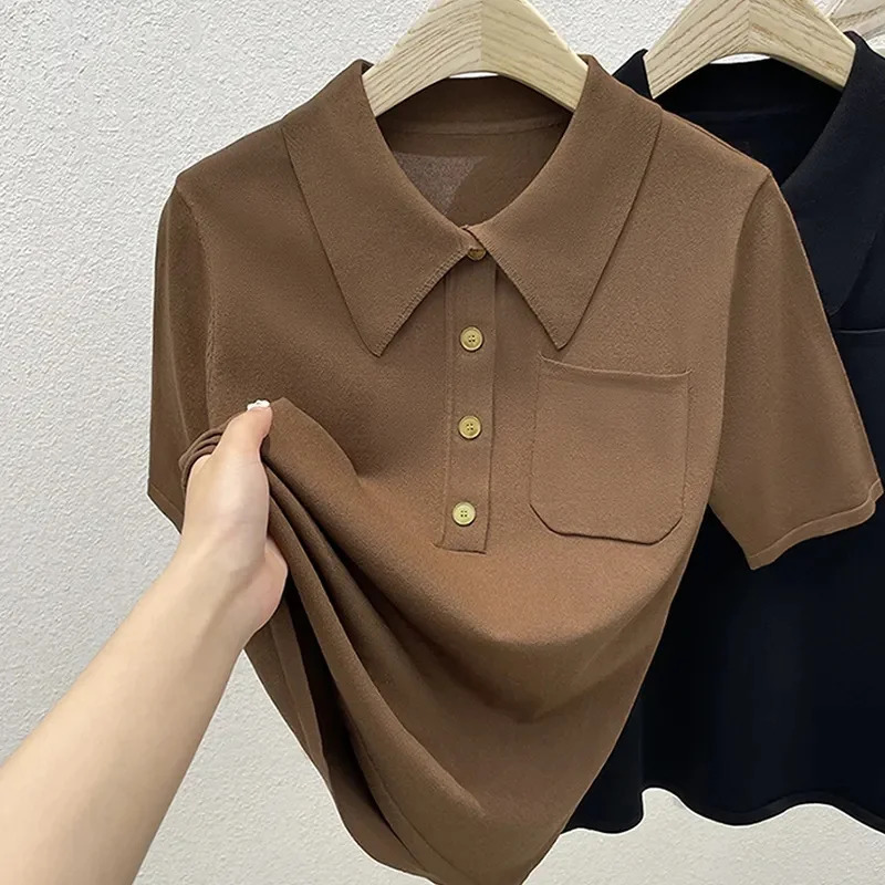 Summer Ladies Thin Loose Slim POLO Neck Ice Silk Womens Short Sleeve T-Shirt Button Pocket Temperament Womens Knitted Top 250102BJ