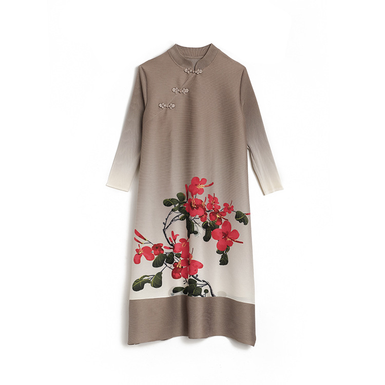 (477) Manches à dégradé, col debout, robe chinoise boutonnée, vêtements pour femmes printemps et été