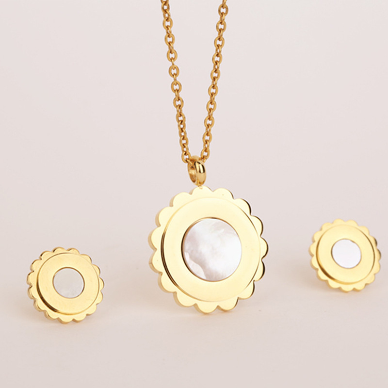 Fashion Women Girls Silver Gold Stainless Steel Round Shell Pendant Earrings Sets Jewelry-image-1040198338