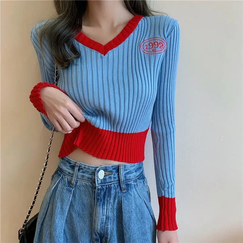 Autumn Winter Fashion Slim Patchwork V-neck Long Sleeve Sweater Female Trend All-match Knitting Top Tee Femme Pullovers 250102BJ