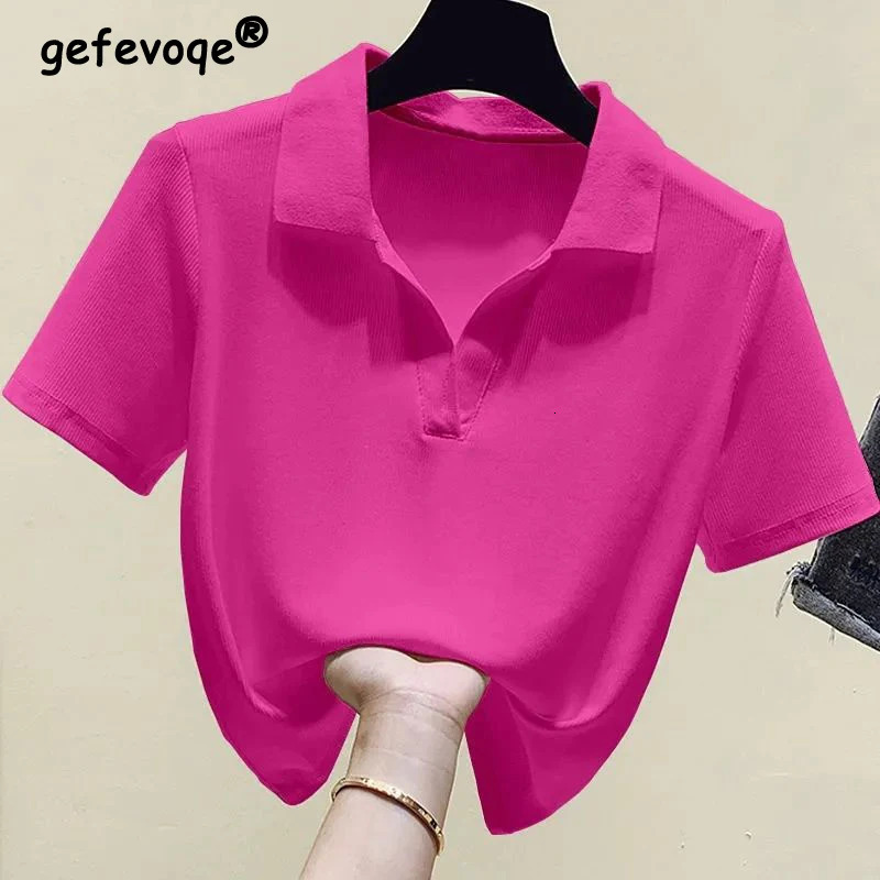 Women Clothing Summer Korean Fashion Ice Silk Short Sleeve Polo T-shirt Female Simple Casual Solid Color Slim Pullover Tops 250102BJ