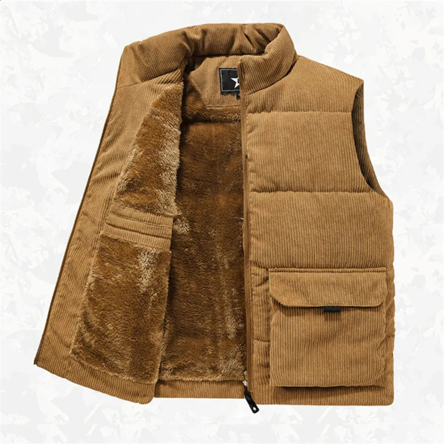 Winter Wool Vest Men Cotton Padded Warm Jacket Sleeveless Coat Stand Collar Waistcoat Corduroy Outerwear Mens Clothing Oversize 241223Z