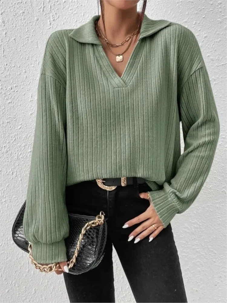 Sexy V Neck Polo Shirt Office Lady Spring Autumn Fashion Elegant Solid Long Sleeve Polo T-Shirt For Women Female Blouse 250102BJ