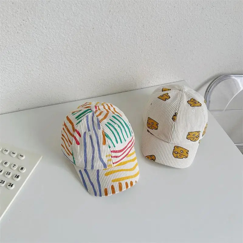 Spring Autumn Boy Children Corduroy Colorful Striped Baseball Cap Girl Baby Cheese Print Peaked Hat Kid Cotton Casual Bucket Hat 250102