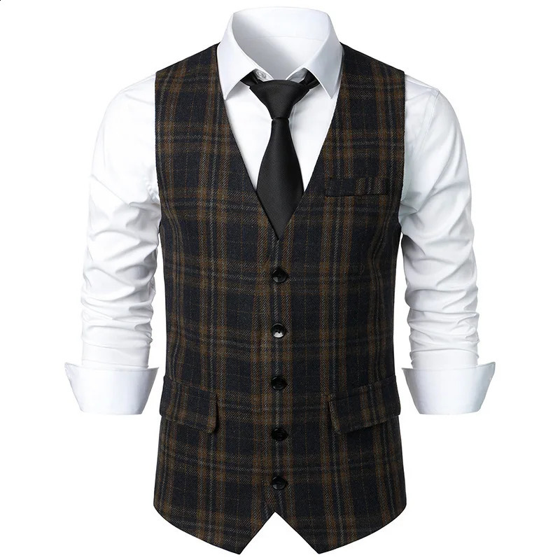 4842 Autumn Winter Plaid Blazer Vest Men Single Breasted Office Slim Fit Split Joint Sleeveless Vintage Mens Pockets 241223Z
