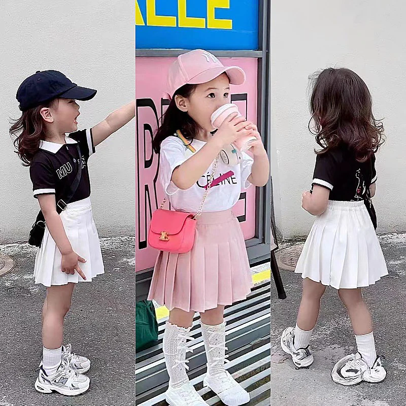 Children's Skirt with Shorts Summer Korea Style Clothes A-Line High Waist Mini Dress Pink White Black Pleated Skirt for Girls