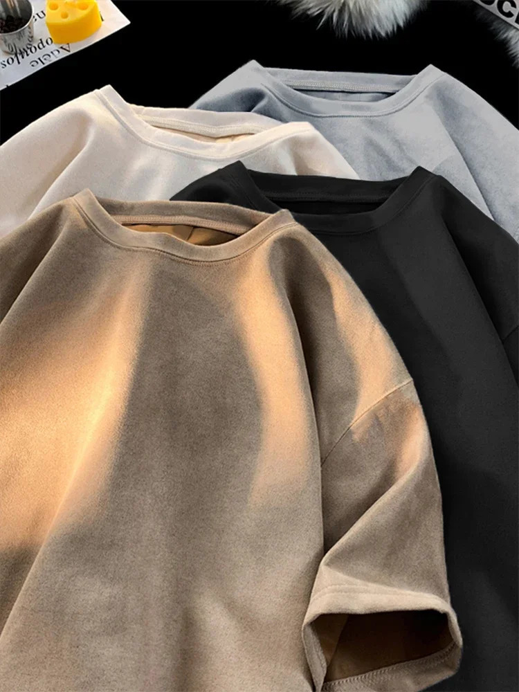 T-shirt en daim rétro pour hommes et femmes, anti-rides, ample, col ras du cou, décontracté, été, manches courtes, mode High Street, 241214