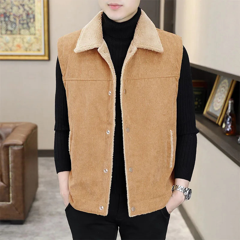 Corduroy Mens 2024 Autumn and Winter Fashion Spliced Button Pocket Solid Color Warm Loose Lamb Fleece Casual Coat Vest 241223Z