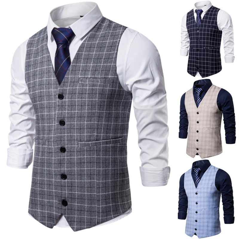 High Quality Mens Plaid Single Breasted Vest Slim Fitting Suit Waistcoat Slimfit Wedding 241224Z