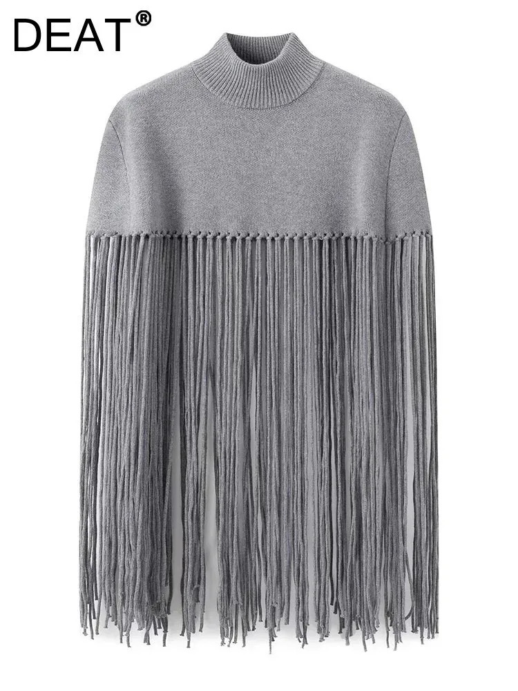 DEAT Fashion Womens Kitted Pullovers Stand Collar Loose Gray Patchwork Tassel Sweater Autumn2024 3WM1571 241227