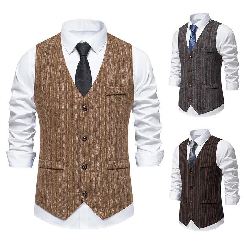 Autumn Mens Casual Stripe Suit Vest Retro Single breasted Business Work Professional Coat 241224Z