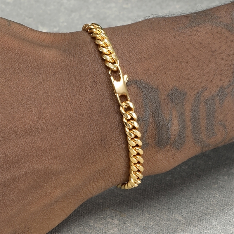 18K Gold Plated Bracelet Solid Stainless Steel Jewelry 5mm Miami Cuban Chain 20cm for Men Women Gifts Punk Style Waterproof y241223
