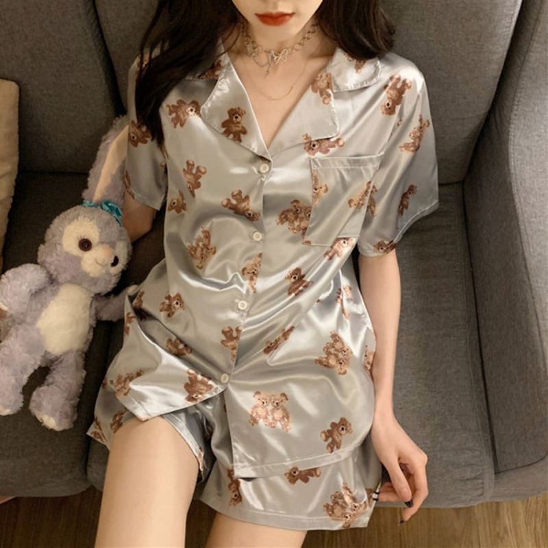 Cardigan à manches courtes et Short en soie glacée pour femmes, deux pièces, ours gris, mignon ensemble de vêtements de maison pour dames, Pamas