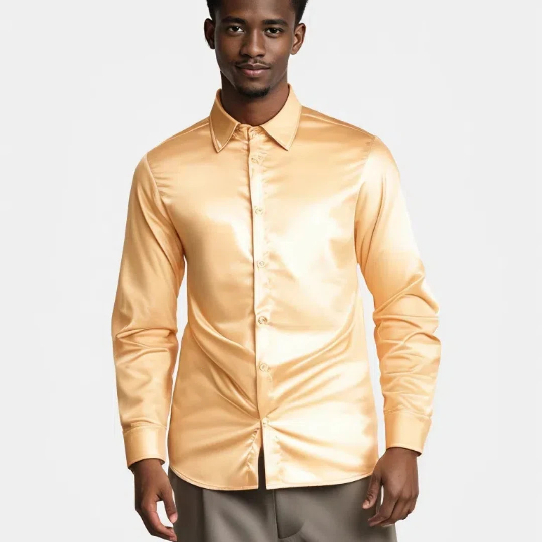 Mens Casual Satin Silk Shirts Single Breasted Button Lapel Collar Dress Shirt Slim Fit Fashion Party Long Sleeve Tops Clothing 241224Z