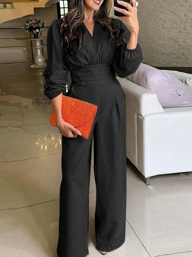 Plus Size VONDA Women Autumn Romper Fashion Solid Color Long V neck Wide Leg Jumpsuits Lantern Sleeve High Waist Playsuit 250102