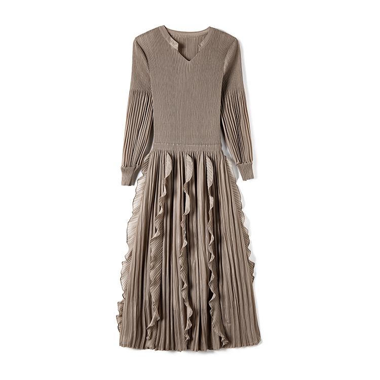Robe à volants printemps automne femme col V manches lanterne taille élastique jupe longue
