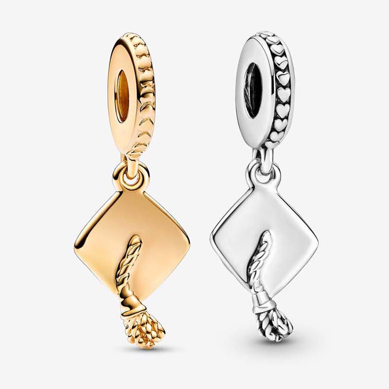 Golden Graduation Cap Dangle Charm 925 Sterling Silver Snake Chain Bracelet Making Components Women Luxurious Charm Necklace Pendant Gold charms