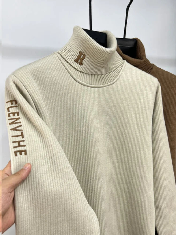 High end trend letter embroidery knitted sweater mens autumn winter plush thickened casual warm high collar pullover 241223Z