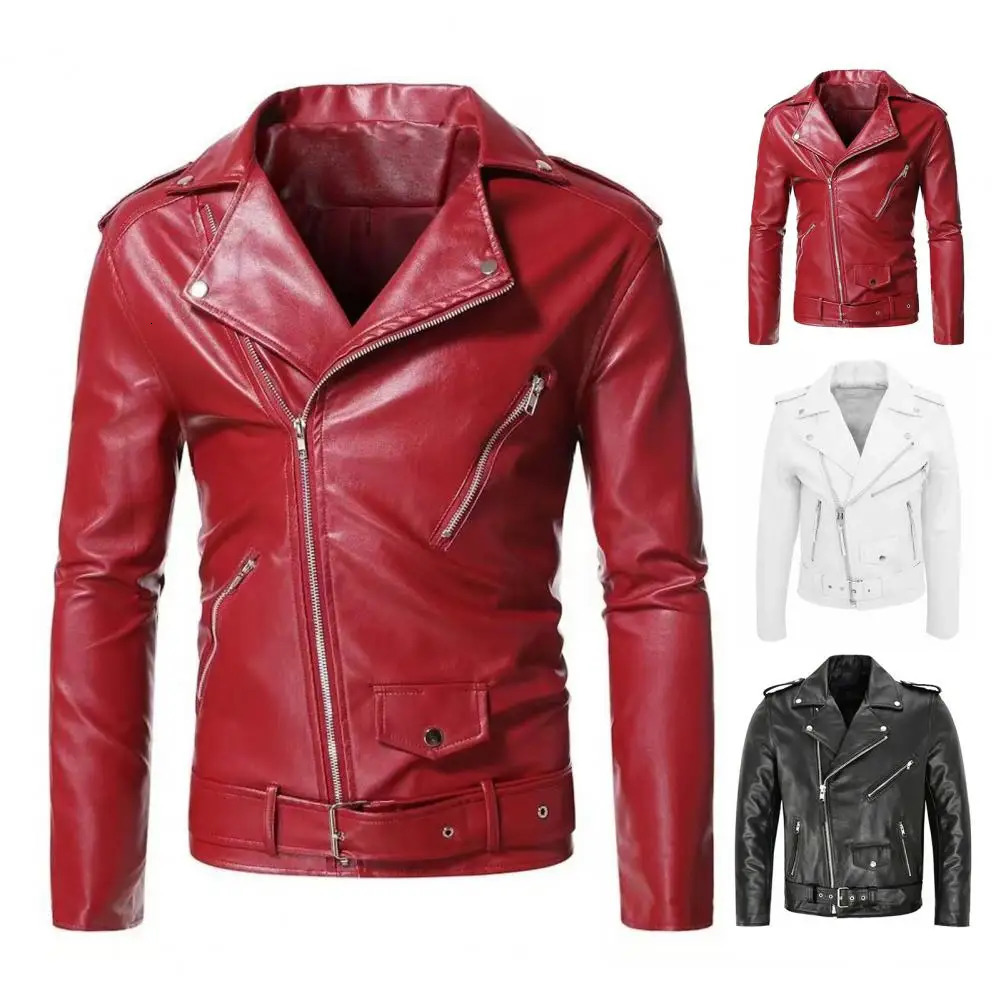 1Pc Casual Men Jacket Slim Fit Faux Leather Solid Color Coat with Diagonal Zipper Belt Adjustment Windproof Coat for Daily Wear 250102