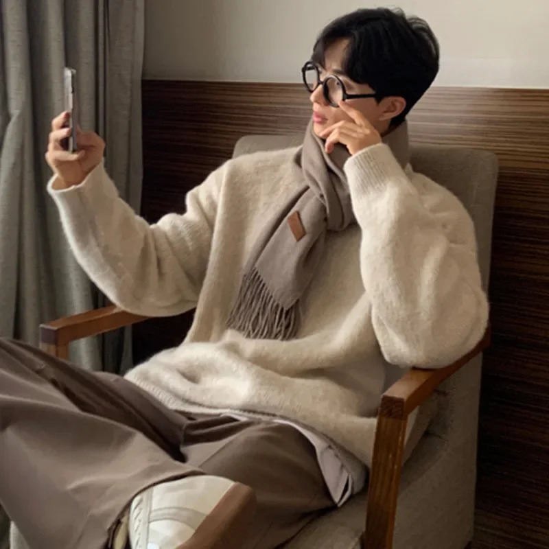 2023 Knitted Light Pullovers Sweater Men Casual Vintage Loose O Neck Solid Color Long Sleeve Thicken Coat Streetwear 241223Z