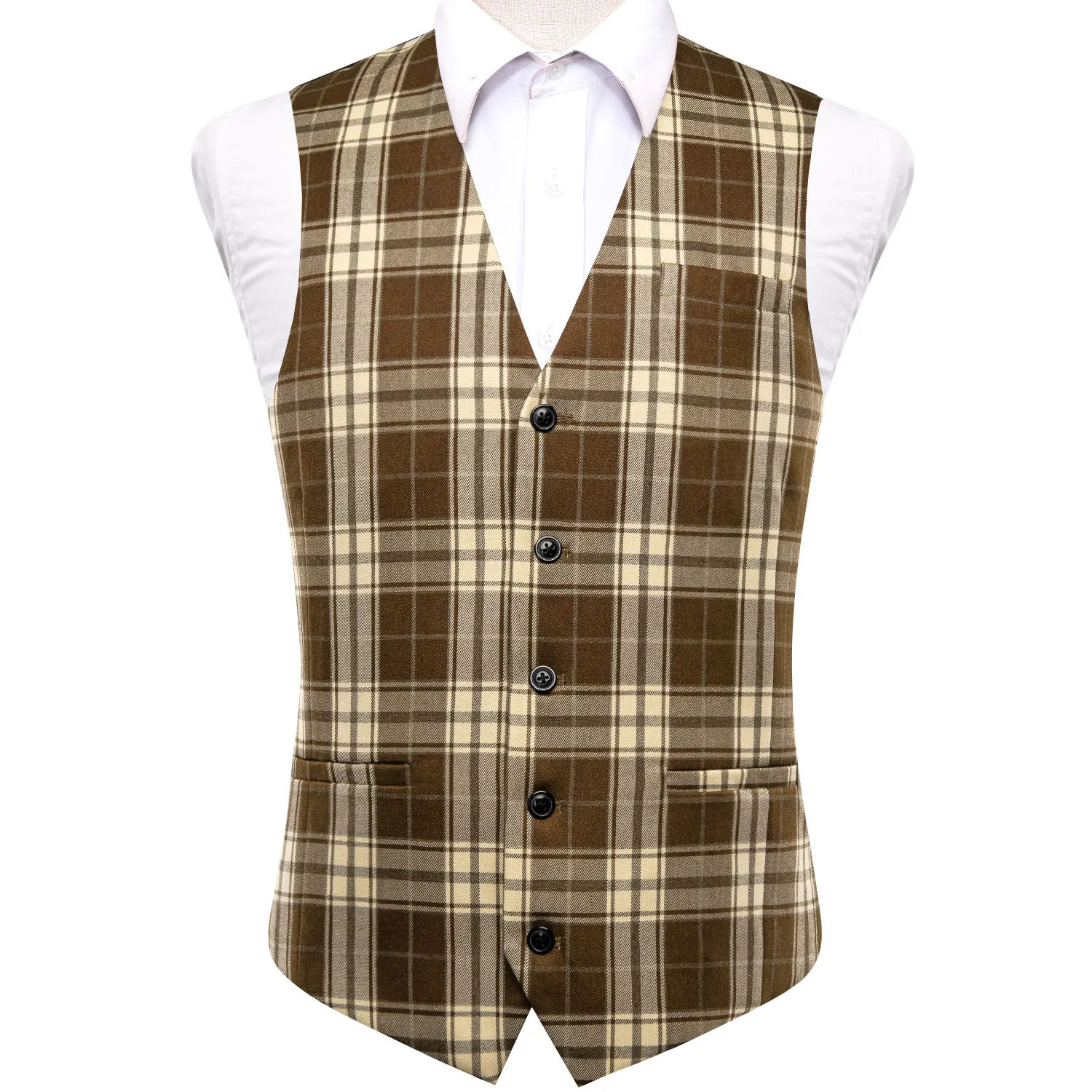 HiTie Brown Multi Viscose Mens Vest Jacquard Check Waistcoat Sleeveless Jacket for Male Wedding Business High Quality 241224Z