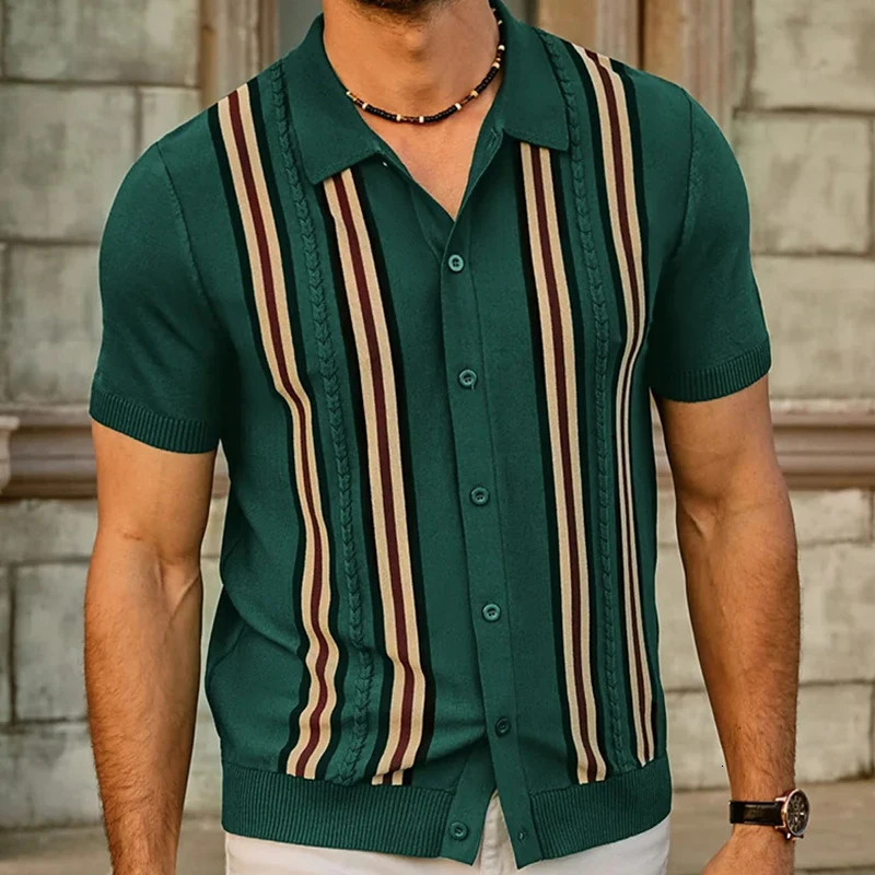 Summer Mens Knitted Striped Shirt Fashion Short Sleeve Buttondown Shirts for Men Vintage Business Leisure Knitwear 241224Z