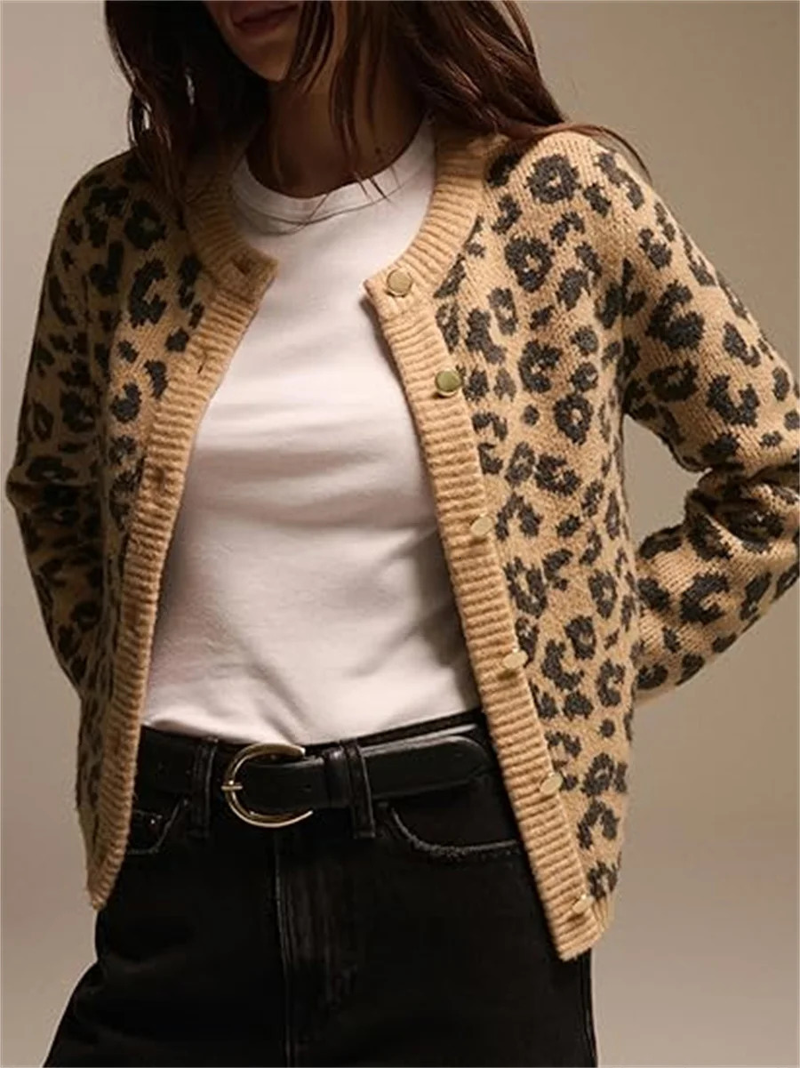 Fashion Knitted Leopard Print Cardigan Womens Loose Casual Printed Long Sleeve O-Neck Top Retro Y2k Cardigan Sweater Female 250102BJ