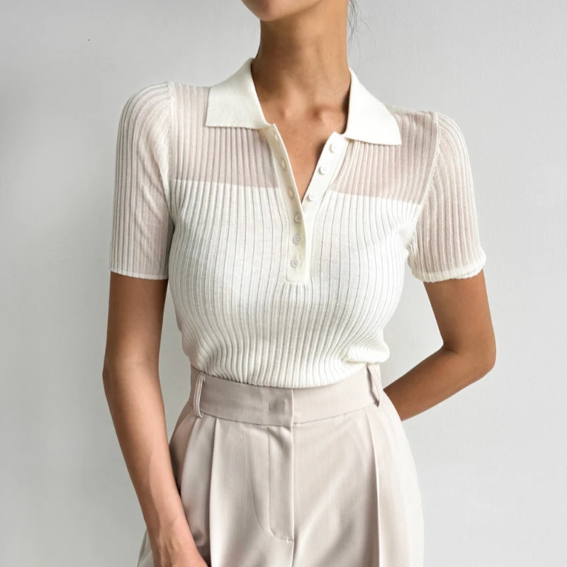 Summer Ice Silk Knitted T-Shirt Womens Polo Shirts Korean Elegant Short Sleeve Solid Lapel Tees Sexy Hollow Out Slim Crop Tops 250102BJ