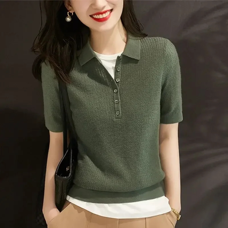 Yellow Polo Neck Shirt Button Knit Pink Womens T Shirts Plain Top Clothes Short Sleeve Tee Synthetic Aesthetic Summer 250102BJ