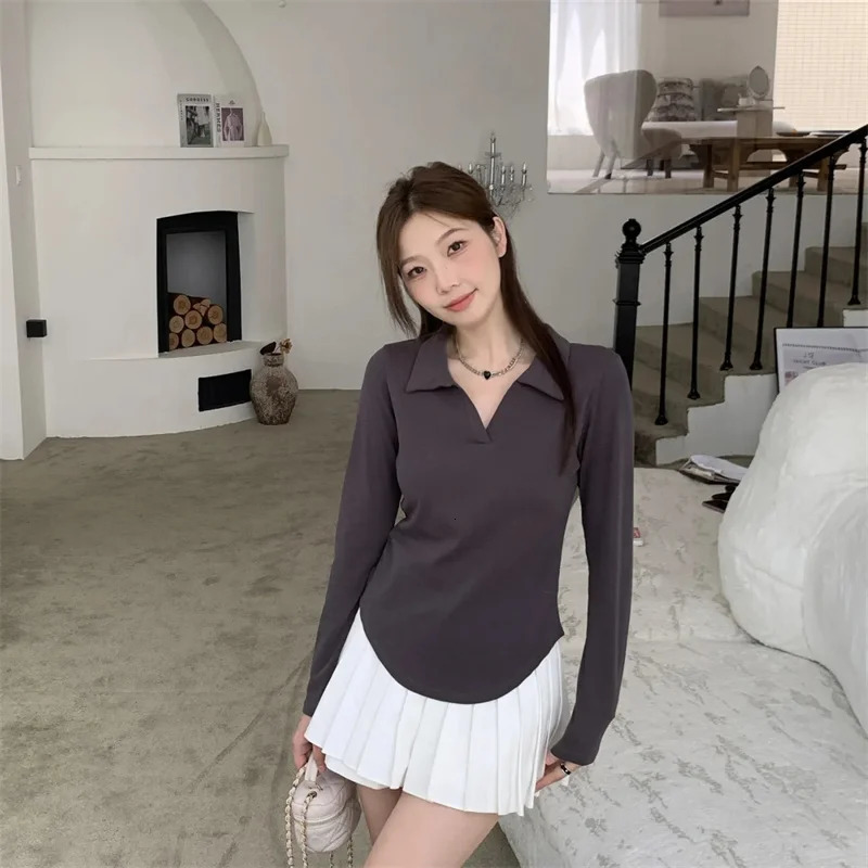 Oversized Shoulder Slim POLO Neck Long Sleeve T-shirt for Womens Autumn Solid Color Bottom Shirt Slim Fat Cover Top P34 250102BJ