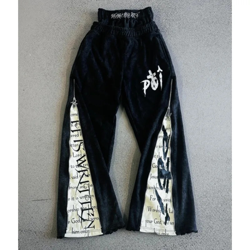 Y2K letter pattern side zipper elastic waist straight wide leg pants men winter clothes aesthetic niche simple sweatpant 250102BJ