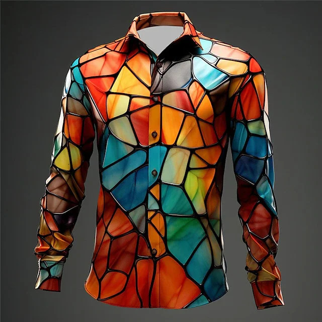 Color Block Colorful Artistic Abstract Men Shirt 3D Print ManWomen Casual Fashion Long Sleeves Shirts Oversized Unisex Clothing 241224Z