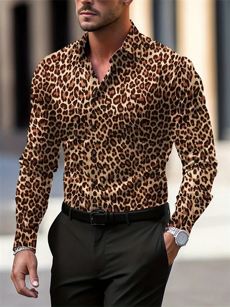 2024 Fashion Leopard Print Mens Longsleeved Shirt Daily Casual Lapel Urban Street Singlebreasted 241224Z
