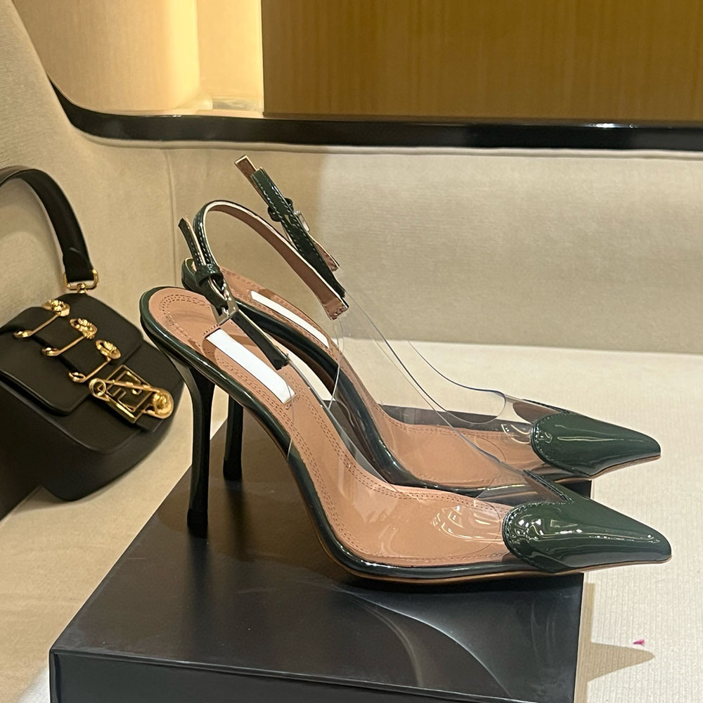 2025 Pointed toes heels fashion Stiletto heel 10cm 5.5cm party shoes PVC Slip On Burgundy pumps women's Luxury Designers Slingbacks shoes US4-1