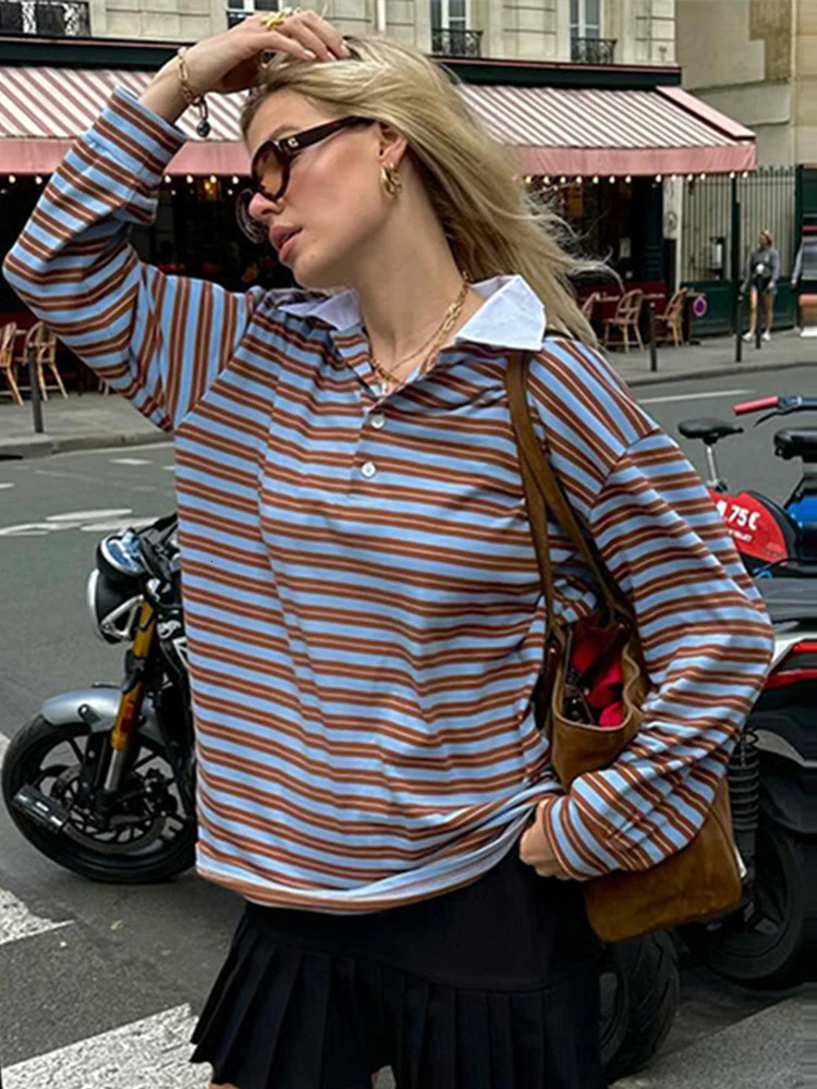 Vintage Striped Womens Pullover T-shirt Turndown Collar Long Sleeve Tops Women Casual Loose Button Shirt Fashion Pullover 250102BJ