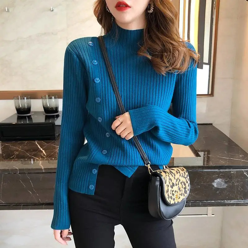 Women Autumn Winter Casual Slim Button Solid Color Knitting Women Clothes Office Lady Half High Collar All-match Sweater Pullov 250102BJ