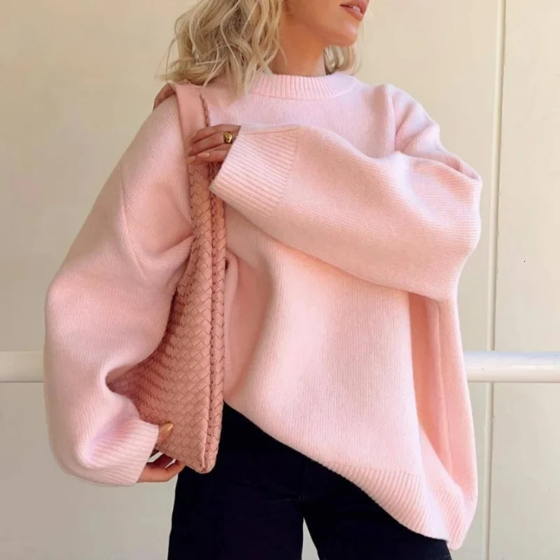 Womens Pink Sweater Streetwear Autumn Winter Fashion Oneck Jumper Sueter Mujer Casual Loose Solid Pullovers Tops Y2k Clothes 241227Z