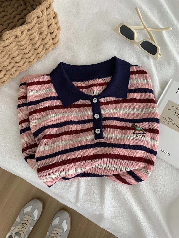 Pink Striped Cartoon Embroidery Silk Short Sleeved Polos Shirts Womens Summer Cool Shirt 250102BJ