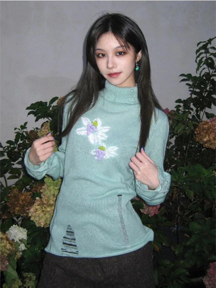 Women Y2k Aesthetic Slim Hole Knitwear Sweet Sweaters Vintage Jacquard Streetwear Jumpers Grunge Turtleneck Harajuku Pullovers 250102BJ