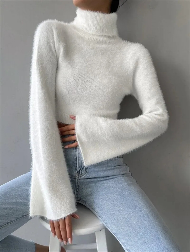 Womens High Neck Crop Open Belly Button Sweater Autumn Flared Long Sleeves White Temperament Woman Fashion Casual Pullover 250102BJ