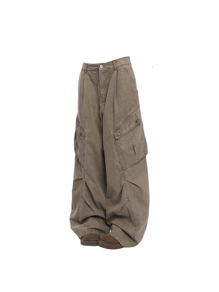 Womens Brown Y2k Cargo Jeans Baggy Harajuku 90s Aesthetic Denim Trousers Vintage Jean Pants Japanese 2000s Style Trashy Clothes 241225