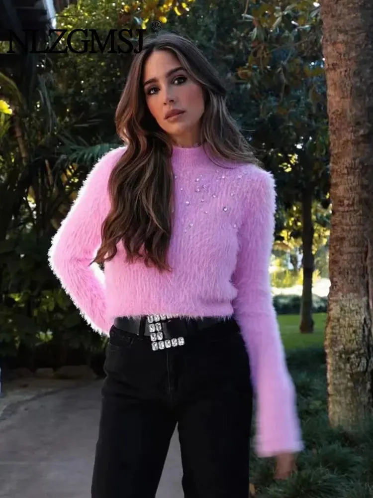 TRAF Autumn Winter Jewelry Cropped Sweaters For Women Faux Fur Soft Pullovers Women Sweater Elegant Knitwear Jumpers Top 250102BJ