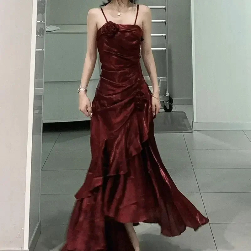 Red Rose Vintage Long Dres 2024 Summer Slim Mermaid Spaghetti Strap Floral Dress Female Elegant Sexy Evening Party 250103Z