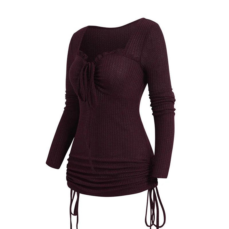 Womens Christmas Sweater Cinched Ruched Ruffles Tie Knot Knit Top Long Sleeve Solid Color Sweetheart Neck Knitted Tops 250102BJ
